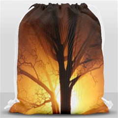 Rays Of Light Tree In Fog At Night Drawstring Bag (large)