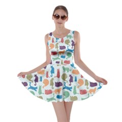 Blue Colorful Cats Silhouettes Pattern Skater Dress