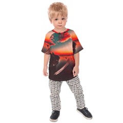 Sunset Dusk Boat Sea Ocean Water Kids Raglan Tee