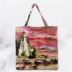 Lighthouse Ocean Sunset Seagulls Grocery Tote Bag