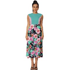 Flower Black Pink Sleeveless Round Neck Midi Dress