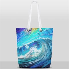 Tsunami Waves Ocean Sea Nautical Nature Water Painting Full Print Rope Handle Tote (small)