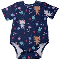 Cute-astronaut-cat-with-star-galaxy-elements-seamless-pattern Baby Short Sleeve Bodysuit