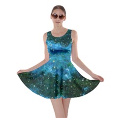 Space Mint Blue Royal Blue Fun Night Sky The Moon And Stars Skater Dress