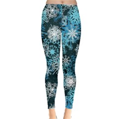 Snowflakes Dark Cyan Christmas Night Stretch Leggings