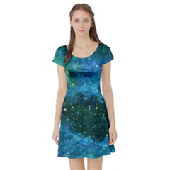 Space Mint Blue Royal Blue Fun Night Sky The Moon And Stars Short Sleeve Skater Dress