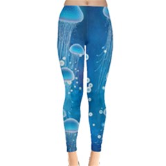 Jellyfish Steel Blue Ocean Bubbles Stretch Leggings