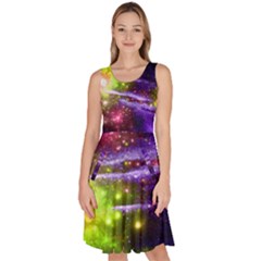 Purple Green Star Night Sky The Moon Knee Length Skater Dress With Pockets
