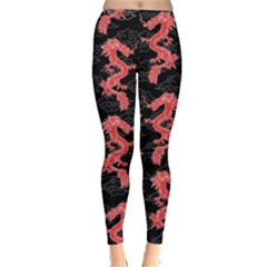 Vintage Dragon Japanese Black & Red Stretched Leggings 