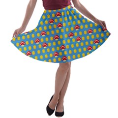 Mushroom Sky Blue Coins Pixeled Print A-line Skater Skirt