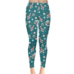 Adorable Astronaut Pugs Cadet Blue Rockets Print Leggings 