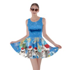 Blue Stars Snow Xmas Music Cat Double Sided Skater Dress