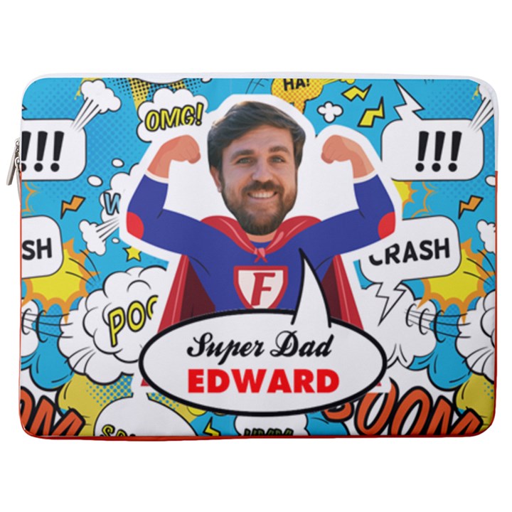 Personalized Photo Super Dad Father Name Laptop Sleeve Case with Pocket 17  Vertical Laptop Sleeve Case With Pocket