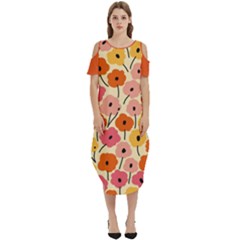 Floral Pattern Shawl Cold Shoulder Loose Fit Dress With Pockets