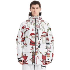 Christmas Characters Pattern, Xmas Backgrounds Men s Multi Pockets Zip Ski And Snowboard Waterproof Breathable Jacket