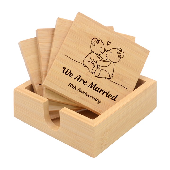 Personalized Bear Line art Family Any Text Name Bamboo Coaster Set Bamboo Coaster Set