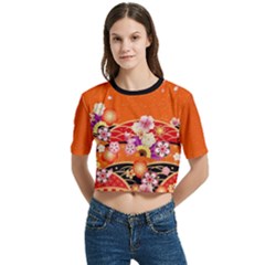 Cherry Blossom Women s Round Neck Short Sleeve Crop Top