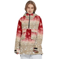 Abstract, Christmas, Glittery, Gold, Red Women s Pullover Zip Ski And Snowboard Waterproof Breathable Jacket