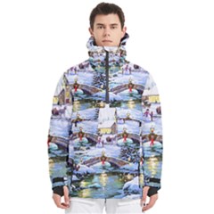 Icy Lights, Art, Christmas, Houses Men s Pullover Zip Ski And Snowboard Waterproof Breathable Jacket