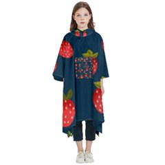 Strawberry Texture, Blue Background With Strawberries Kids  Hooded Rain Ponchos