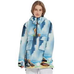 Delicate Watercolor Painting Surreal Oasis Scene With Intense Dramatic Lighting Women s Pullover Zip Ski And Snowboard Waterproof Breathable Jacket