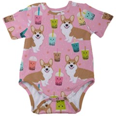 Corgi Bubble Boba Tea Pink Pattern Baby Short Sleeve Bodysuit