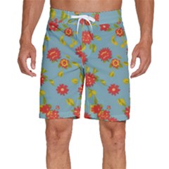 Mid Century Retro Floral 1970s 1960s Pattern 78 Men s Beach Shorts