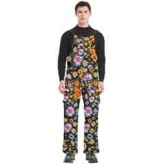 Mid Century Retro Floral 1970s 1960s Pattern 57 Men s Side Zip Front Pouch Ski And Snowboard Bib Pants	