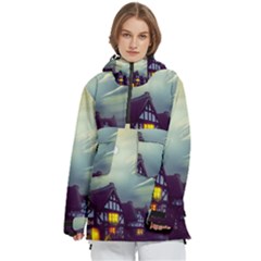 Village Moon Cloudy Historical Tudor Architecture Houses Town Night Windows City Women s Pullover Zip Ski And Snowboard Waterproof Breathable Jacket