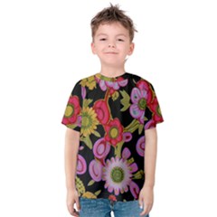 Mid Century Retro Floral 1970s 1960s Pattern 70 Kids  Cotton T-shirt