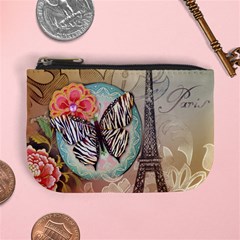 Fuschia Flowers Butterfly Eiffel Tower Vintage Paris Fashion Coin Change Purse