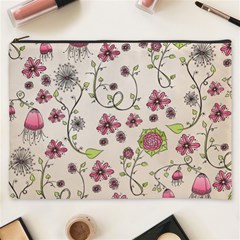 Pink Whimsical Flowers On Beige Cosmetic Bag (xxxl)