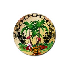 Tropical Design With Flamingo And Palm Tree Rubber Coaster (round) 