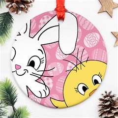 Easter Bunny And Chick  Round Ornament (two Sides)