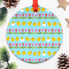 Easter - Chick And Tulips Round Ornament (two Sides)