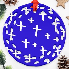 Blue White Cross Round Filigree Ornament (two Sides)