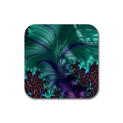 Fractal Turquoise Feather Swirl Rubber Coaster (square) 