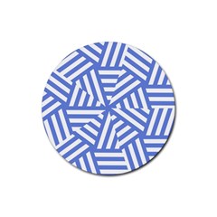 Geometric Blue And White Lines, Stripes Pattern Rubber Coaster (round) 
