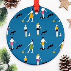 Girls Walk With Their Dogs Round Ornament (two Sides)
