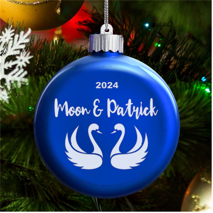 Personalized Swan Couple Valentine Name LED Glass Round Ornament