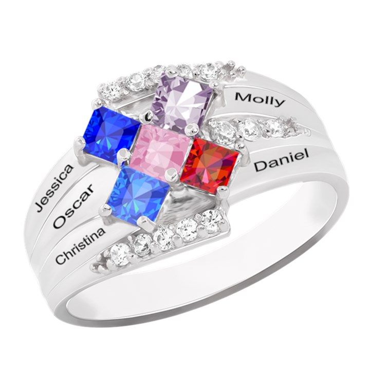 Diamond 5 Name Square Ring 925 Sterling Silver Ring