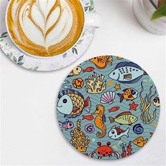 Cartoon Underwater Seamless Pattern With Crab Fish Seahorse Coral Marine Elements Uv Print Round Tile Coaster
