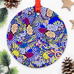Blue Yellow Background Pattern Vector Texture Paisley Ornament (round)