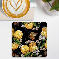 Embroidery Blossoming Lemons Butterfly Seamless Pattern Uv Print Square Tile Coaster 