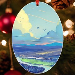 Mountains And Trees Illustration Painting Clouds Sky Landscape Uv Print Acrylic Ornament Oval