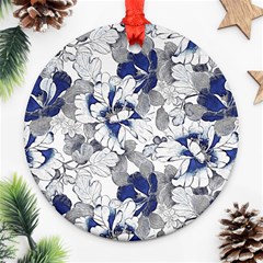 Retro Texture With Blue Flowers, Floral Retro Background, Floral Vintage Texture, White Background W Round Ornament (two Sides)