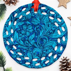 Blue Floral Pattern Texture, Floral Ornaments Texture Round Filigree Ornament (two Sides)