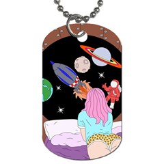 Girl Bed Space Planets Spaceship Rocket Astronaut Galaxy Universe Cosmos Woman Dream Imagination Bed Dog Tag (one Side)