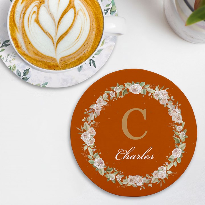 Personalized Initial Floral Wreath Any Text Name Round Tile Coaster UV Print Round Tile Coaster