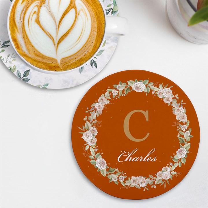 Personalized Initial Floral Wreath Any Text Name Wireless Fast Charger UV Print Round Tile Coaster